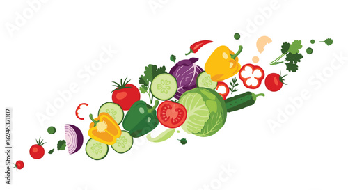 Vibrant collection of freshly sliced healthy vegetables arranged in a dynamic flow