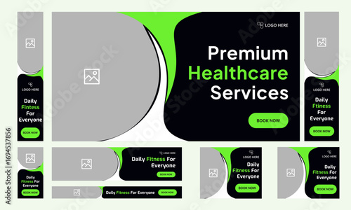 Digital healthcare services web set banner design for social media post, daily medical services web bundle banner design, fully customizable vector eps 10 file format