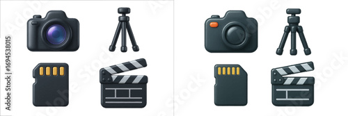Modern photography and videography equipment set featuring camera tripod memory card and clapperboard