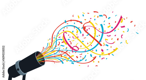 Confetti cannon shoots colorful streamers and paper pieces into the air for a celebration