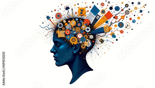 Brain Clutter Illustration – Human head silhouette filled with chaotic doodles, papers, gears, wires, and random icons overflowing, colorful messy illustration
