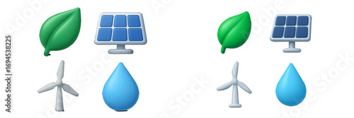 Visual concepts for renewable energy, environmental protection, and sustainable living, featuring solar, wind, water, and nature