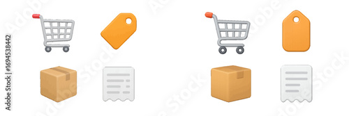E-commerce shopping cart, price tag, delivery box, and receipt for online retail, shipping, and logistics
