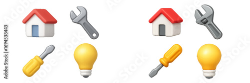 Stylized icons for home repair, maintenance, and ideas featuring house, wrench, screwdriver, and light bulb