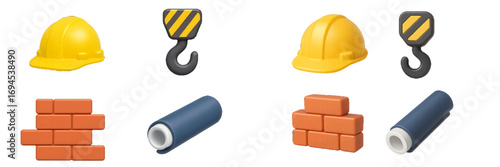 Collection of construction site elements including safety helmets, crane hooks, bricks, and building plans