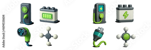Electric vehicle charging station, battery, and energy molecule symbols for sustainable power and green mobility