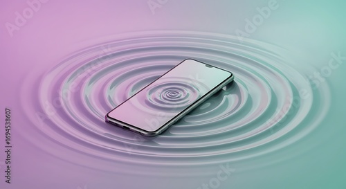 Smartphone resting on calm water surface with ripples, pastel pink and green gradient background, digital technology concept