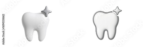 Two stylized white teeth with a sparkle icon, representing dental health, cleanliness, and oral hygiene