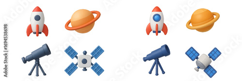 Colorful space exploration objects: rocket, planet, telescope, and satellite for astronomy research