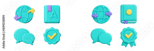 Modern 3D style icon set for global communication, language education, online chat, and quality assurance concepts