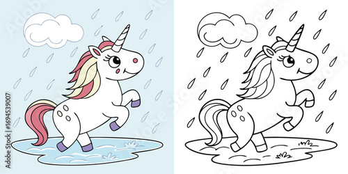 A charming children's illustration of a funny animal farm with a coloring book drawing of a winter fairytale