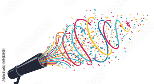Colorful confetti streamer explosion from party popper cannon celebration event