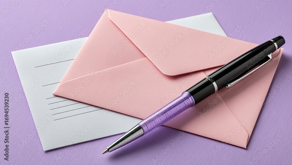 Pink envelopes, white paper, purple pen on a soft purple background