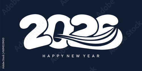 Modern "2026 Happy New Year" design with bold white sans-serif numbers linked by a flowing dark-blue wave on a navy background. Minimalist, clean, dynamic, and optimistic festive style.