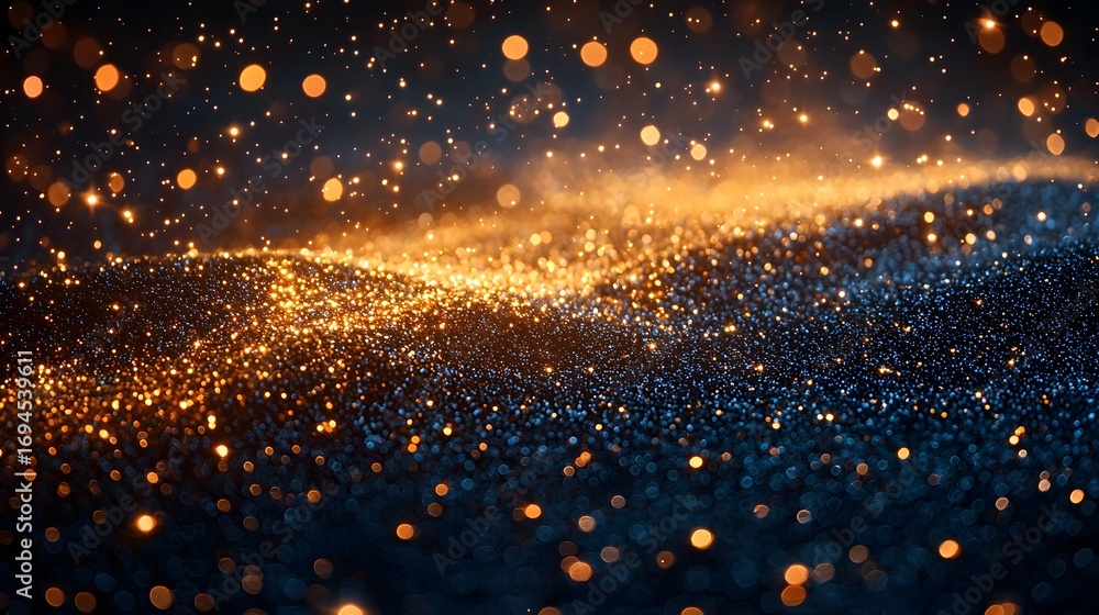Naklejka premium Abstract dark blue background with golden shimmering particles and bokeh lights evoking a magical festive atmosphere