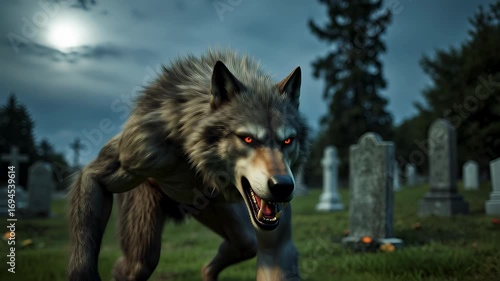 Fearsome wolfman with glowing eyes snarling graveyard moonlight night, fierce werewolf with sharp claws creating terrifying scene