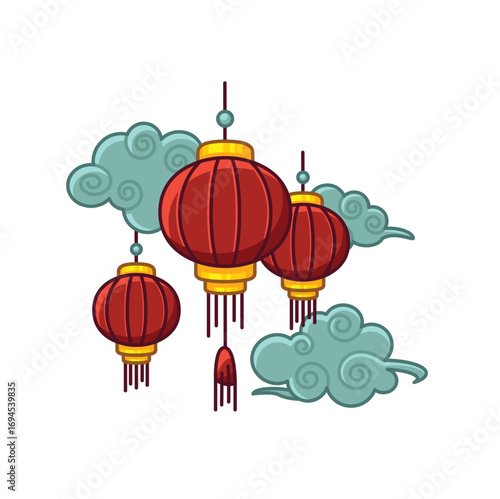 Vibrant red Chinese lanterns floating amidst stylized clouds, a symbol of oriental celebration and good fortune