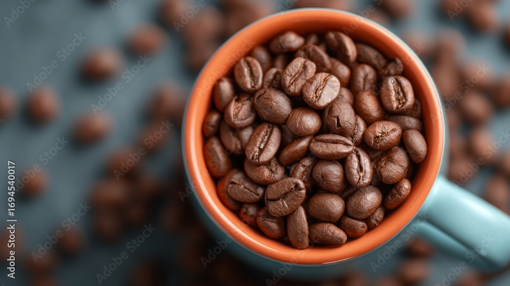 Fototapeta premium A blue coffee mug filled with coffee beans