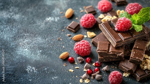 A pile of dark chocolate bars with raspberries and almonds on a dark, textured surface.
