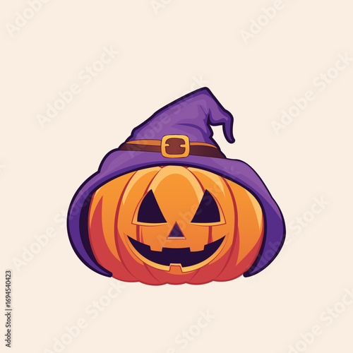 A fun and spooky Jack-o'-lantern illustration featuring a grinning carved pumpkin wearing a vibrant purple witch's hat for Halloween