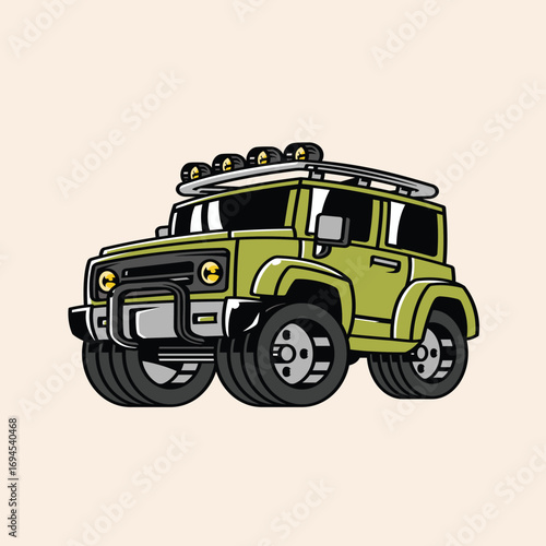 Bold cartoon illustration of a green off-road adventure vehicle, featuring large tires, a roof rack, and safari lights for exploration