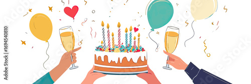 Celebration hands holding birthday cake with candles and champagne glasses surrounded by colorful balloons and confetti festive party concept vector illustration