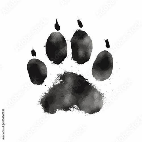 Black watercolor animal paw print with detailed pads and claws in minimalist flat vector style isolated on white background for pet and wildlife design elements