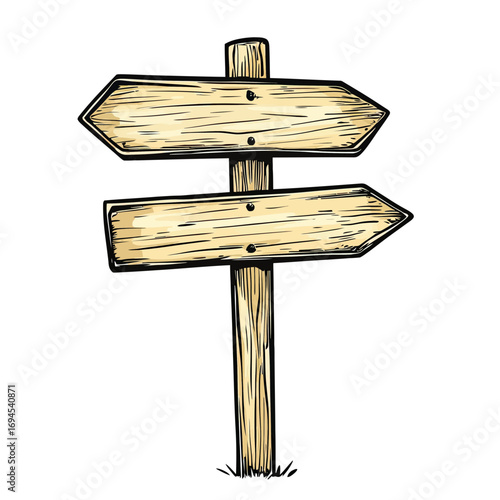Hand drawn wooden directional signpost with two blank arrow boards pointing left and right isolated on white background vector illustration in flat minimalist style