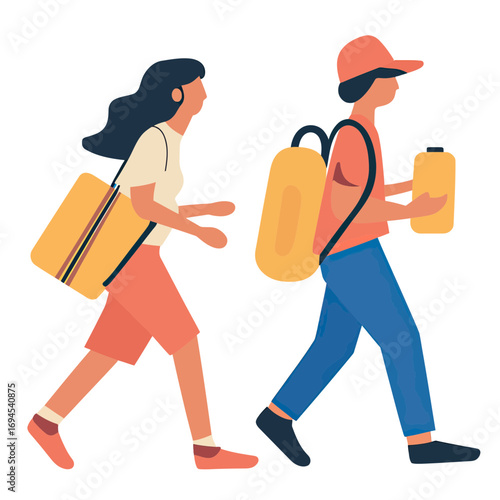 Two young people walking with backpacks and bags, casual travelers in flat minimalist vector style, outdoor movement concept