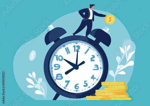 Businessman standing on oversized alarm clock holding gold coin above stack of coins symbolizing time management investment growth saving money concept flat vector illustration