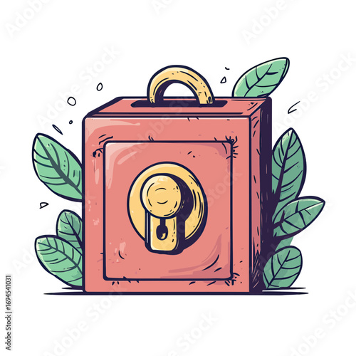 Hand drawn money safe box with lock and leaves around it, secure cash storage sketch style illustration for financial protection concept
