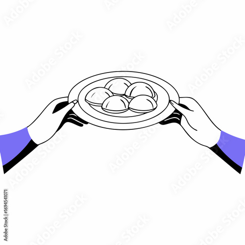 Hands holding plate with four dumplings on a minimal background  