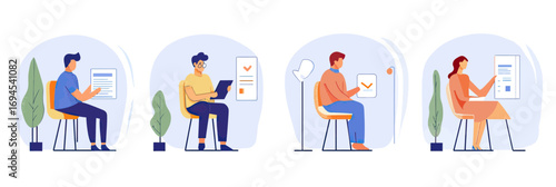Diverse candidates sitting and writing resumes or applications in recruitment process with checklist and plants in minimalist flat style