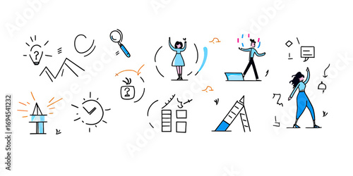 Conceptual hand drawn business progress and challenge doodle icons set with professional goal, career development, success symbols in minimalist style vector illustration
