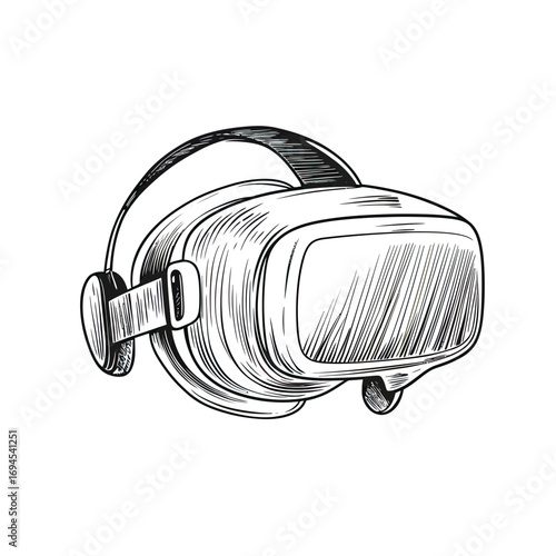 Hand-drawn sketch of virtual reality headset with adjustable straps detailed line art isolated on white background technology gadget illustration in minimalist style