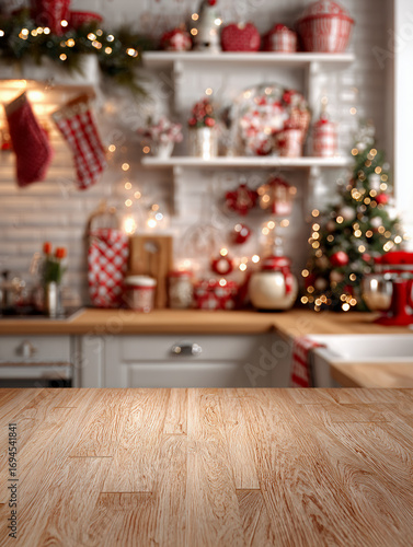 Christmas Kitchen with Wooden Tabletop