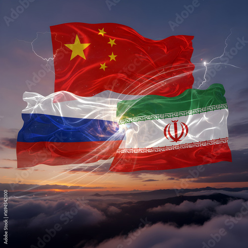 Wallpaper Mural Flags of Russia, Iran, and China against the backdrop of the sky, political alliance Torontodigital.ca