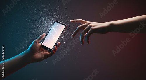 Hands reaching towards glowing smartphone, digital particles surrounding device, concept of connection and technology energy transfer