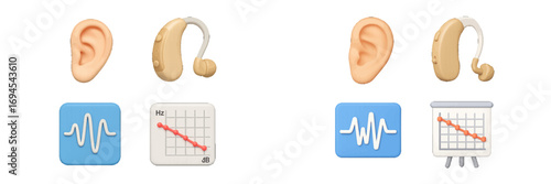 Hearing health and audiology symbols with human ear, modern hearing aid, sound wave, audiogram chart