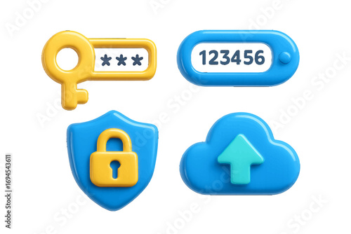 Digital security and data protection symbols with password key, shield lock, one-time password, and cloud upload