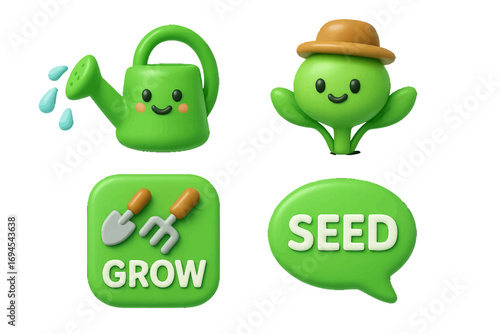 Adorable green gardening tools and plant characters with a happy watering can for growth and planting