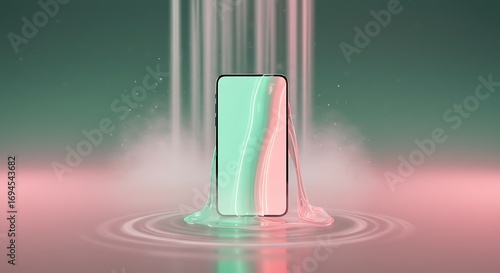 Modern smartphone surrounded by liquid pastel waves, abstract fluid veil in pink and green tones, technology concept