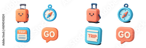 Charming travel themed graphic featuring smiling luggage, a compass, and speech bubbles with trip and go messages
