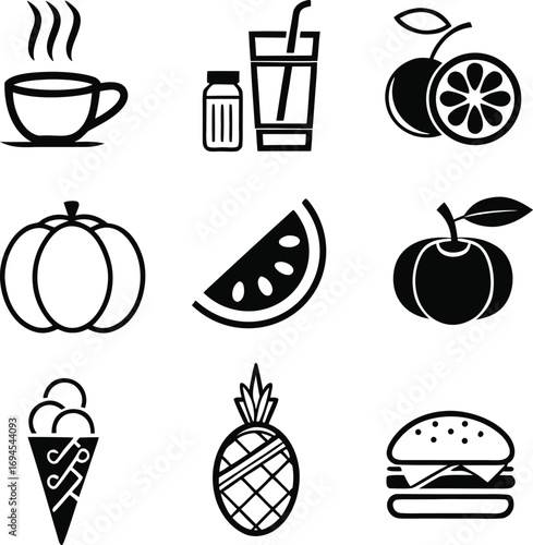 collection, of, cafe, and, snack, bar, food, icons, featuring, fresh, fruits, desserts, beverages, and, fast, food, items, vector