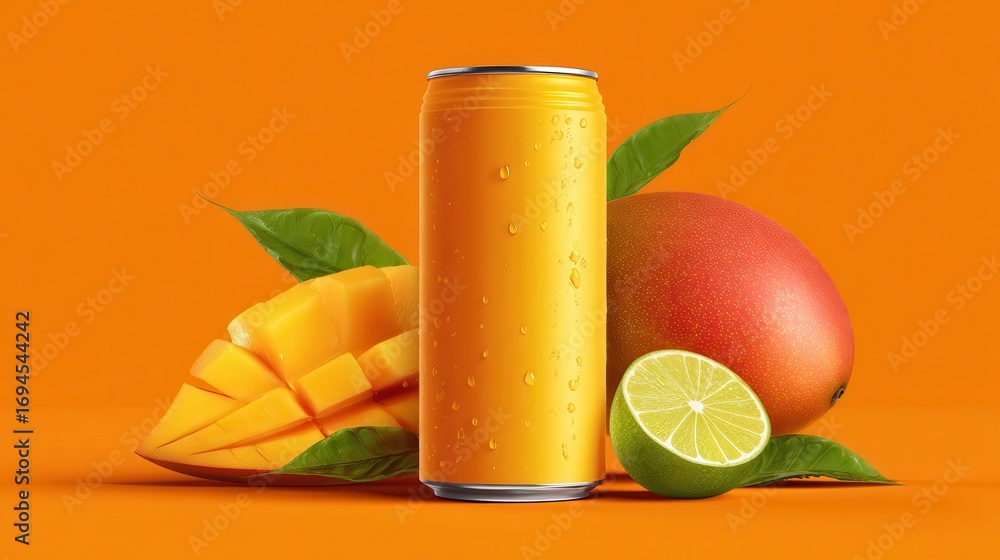 Fototapeta premium Elegant photo of mango Juice Can with Fresh Mango and Slice.