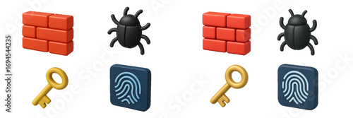 Cybersecurity and data protection concepts with firewall, bug, key, fingerprint for digital safety and secure access