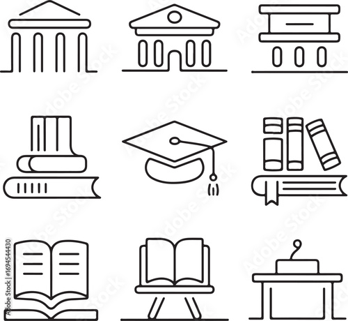 higher, education, and, university, life, line, art, icons, featuring, campus, building, library, books, and, graduation, symbols, vector