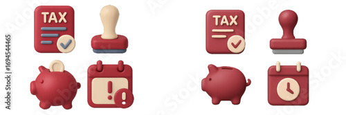 Financial management and accounting concepts illustrated with tax document, stamp, piggy bank, and calendar symbols