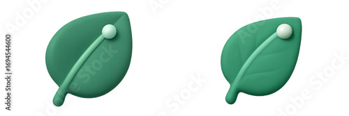 Vibrant green leaf with a smooth, glossy texture, featuring a prominent central vein and a small spherical element on a clean white background