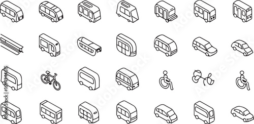Eco-Friendly Public Transport Outline Icons – 40 Vector Symbols for Mobility
